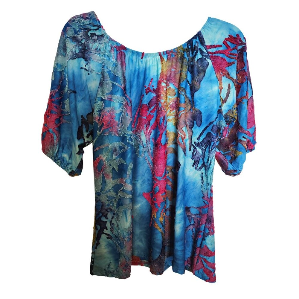 Caleaas 1X Top, Pink Blue Gold Tie Dye, Elastic Short Sleeve, Textured Print
